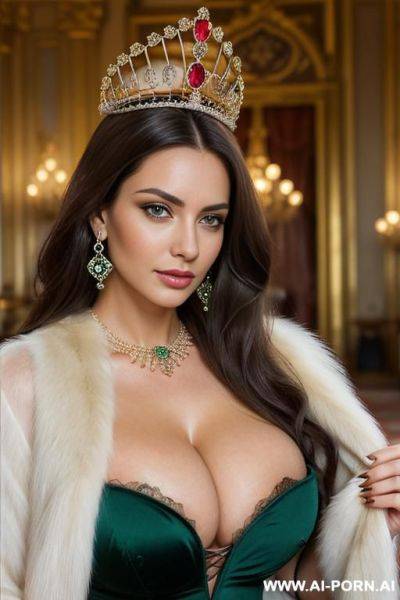 Hot busty woman brunette squizing tits woman, earrings, royal necklace, royal tiara, makeup - ai-porn.ai on pornintellect.com