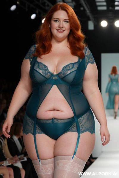 Half-length photo, a fat ((very obese)) chubby fat thick and bbw redhead british, walking on a runway during a fashion fat obese show, the lighting is dramatic, with spotlights focused on she. - ai-porn.ai - Britain on pornintellect.com