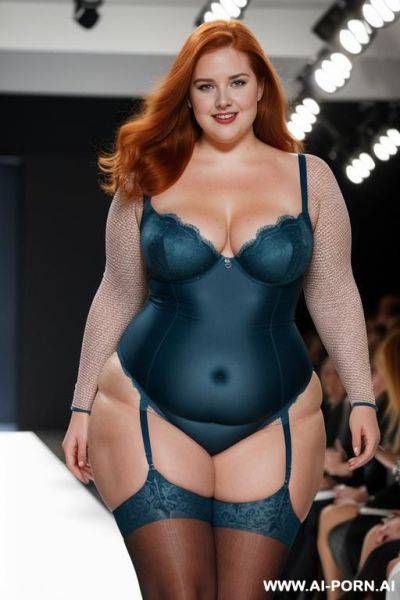 Half-length photo, a confident a fat ((curvy very obese)) chubby fat thick and bbw redhead british walking on a runway during a fashion show, the lighting is dramatic, with spotlights focused - ai-porn.ai - Britain on pornintellect.com