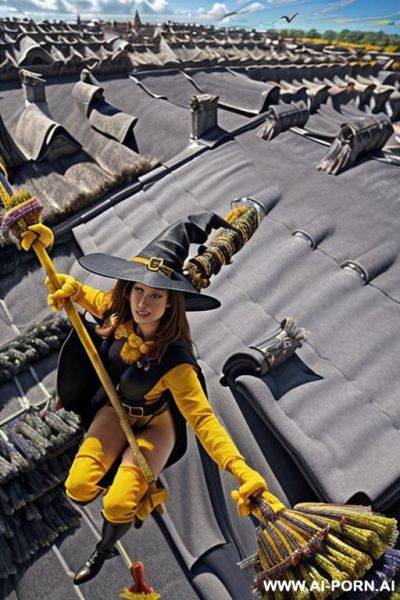 Realistic photo, best quality, highly detailed, summer, clouds in the background, (((((woman rides on a witch broom))))), (((((the broomstick long clamped in the crotch))))), the wet cunt pressed - ai-porn.ai on pornintellect.com