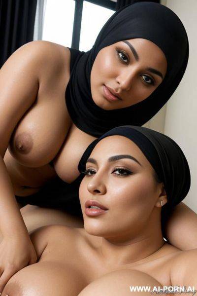 A beautiful chubby arab woman wearing hijab naked big boobs as she is laying on top of her womanfriend in a tribbing position - ai-porn.ai on pornintellect.com