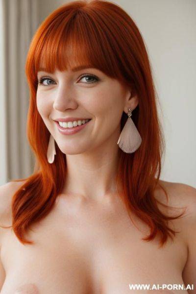 Redhead, bangs, smiling, eye contact, medium breasts, naked breasts, earrings, bedroom - ai-porn.ai on pornintellect.com