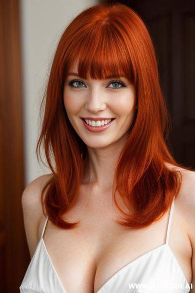 Redhead, bangs, smiling, eye contact, medium breasts - ai-porn.ai on pornintellect.com