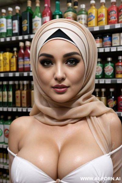 A beautiful woman, 20 years old, showing naked boobs, wearing hijab, detailed face and eyes, huge boobs, fair skin - ai-porn.ai on pornintellect.com