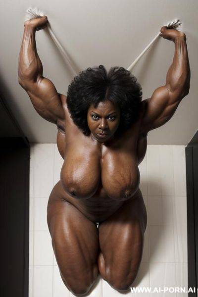 (((keep face))), tall woman, black ethnicity, mature grandmom, bodybuilder, dark full fluffy hair in afro-look, (((very dark black skin))), massive boobs and huge muscles, very strong body, very - ai-porn.ai on pornintellect.com