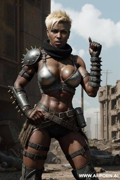 Soldier on a ruined city battlefield. muscular body with toned abs. shorty, spiky punk hair. sweat and grime on body. armoured shoulder pads. armoured legs. fallout raider. mad max. very dark black woman. - ai-porn.ai on pornintellect.com