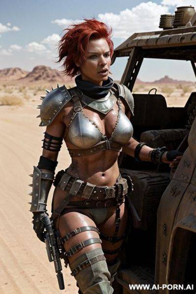 Soldier on a desert battlefield. muscular body with toned abs. shorty, spiky punk hair. sweat and grime on body. armoured shoulder pads. armoured legs. holding crossbow in hand. fallout raider. mad max. black woman. - ai-porn.ai on pornintellect.com