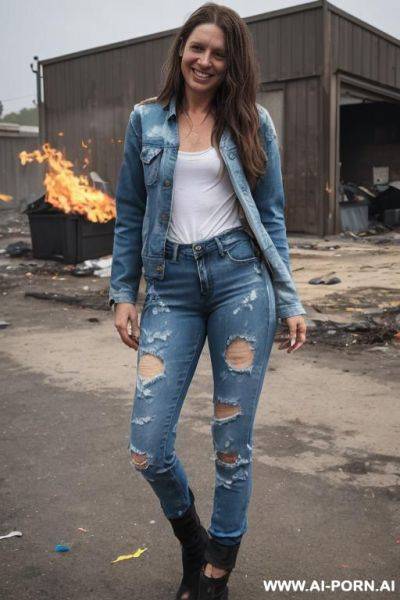 A woman is wearing worn and bleached out, ripped pants and an old jeans jacket. she has long, messy brown hair. there ist lot of trash around. - ai-porn.ai on pornintellect.com