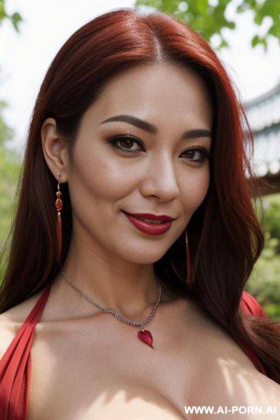 Perfect figure, wide hips, earrings, necklace, totally naked, in a korean garden, looking into the camera, extreme close up view - ai-porn.ai - North Korea on pornintellect.com