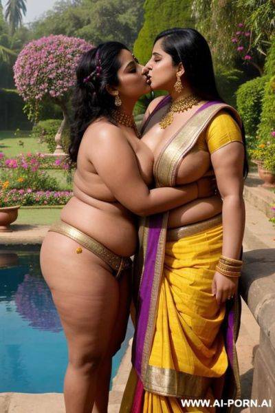Medieval indian full naked chubby lesbian female servants with shaved vaginas kissing in a colourful indian garden - ai-porn.ai - India on pornintellect.com