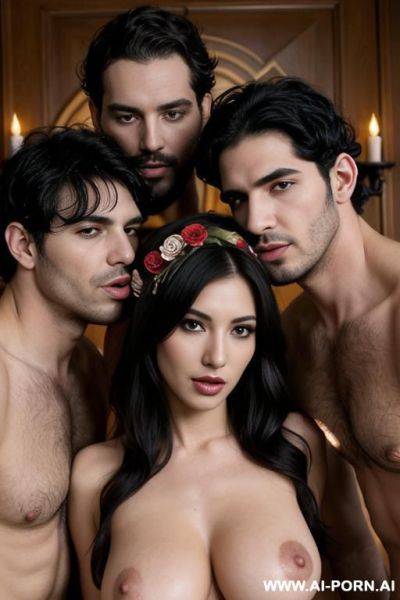 2 men and 1 woman fuck, perverse, beautiful, fucking, extremely hairy pussy, flower head wreath, group orgy, fucking, big nose, seductive, sexy pose, t-shirt, kissing, fucking, threesome, orgy, - ai-porn.ai on pornintellect.com