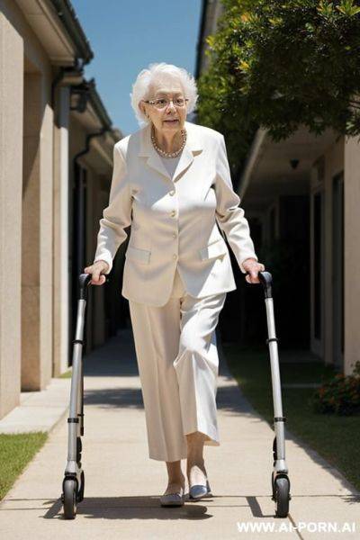The elderly woman leans on the walker with both hands, walking slowly and cautiously, looking ahead. - ai-porn.ai on pornintellect.com