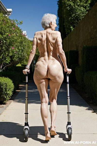 The totally naked sexy elderly woman leans on the walker with both hands, walking slowly and cautiously, looking ahead. - ai-porn.ai on pornintellect.com