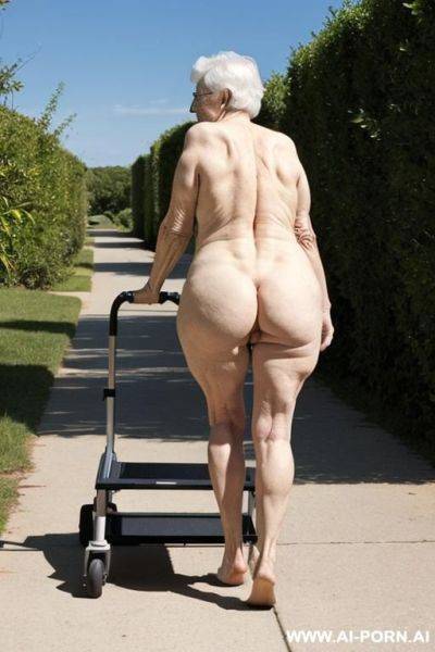 The totally naked sexy elderly woman leans on the walker with both hands, walking slowly and cautiously, looking ahead. perfect pussy. full body frontal wiew. - ai-porn.ai on pornintellect.com