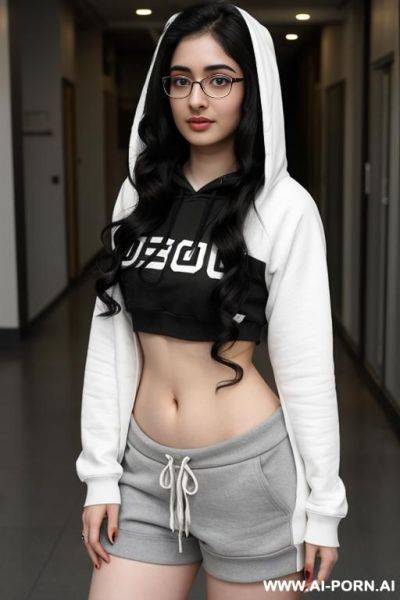 Pale skin, cute, beautiful, indian woman, round glasses, shorts, chubby, navel piercing, hoodie - ai-porn.ai - India on pornintellect.com
