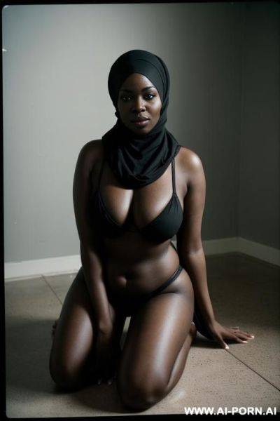 Curvy black bimbo, dark skin, large gigantic massive oversized breasts, black hijjab that covers her body, happy horny seductive expression, sleepy eyes, kneeling on the floor, bending over - ai-porn.ai on pornintellect.com