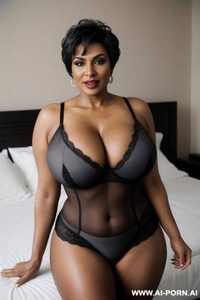 A horny black milf, image frame from head to knee, makeup, (beautiful face), in bedroom, short pixie hair, (grey hair) - ai-porn.ai on pornintellect.com