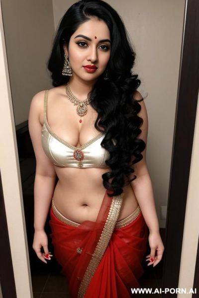 Pale skin, cute, beautiful, indian woman, navel piercing, chubby, red saree - ai-porn.ai - India on pornintellect.com
