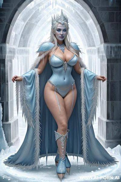 Ice queen, (((blue skin whole body))), goddess of winter, white hair, perfect round breasts, oversized cleavege, ((super model)), seductive pose, (((standing in ice palace))), topless, white slip, - ai-porn.ai on pornintellect.com