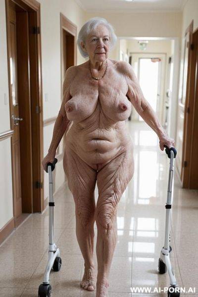 The totally naked elderly woman leans on the walker with both hands, walking slowly and cautiously, looking ahead. saggy boobs. full body frontal wiew. in the nursing home. - ai-porn.ai on pornintellect.com