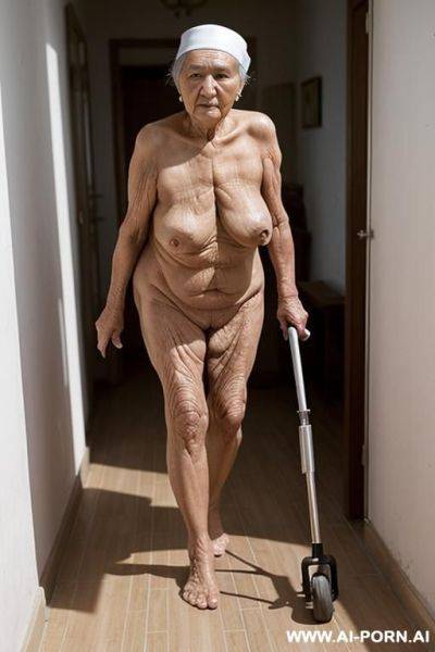 The totally naked elderly uzbek woman leans on the walker with both hands, walking slowly and cautiously, looking ahead. saggy boobs. full body frontal wiew. in the nursing home. - ai-porn.ai - Uzbekistan on pornintellect.com