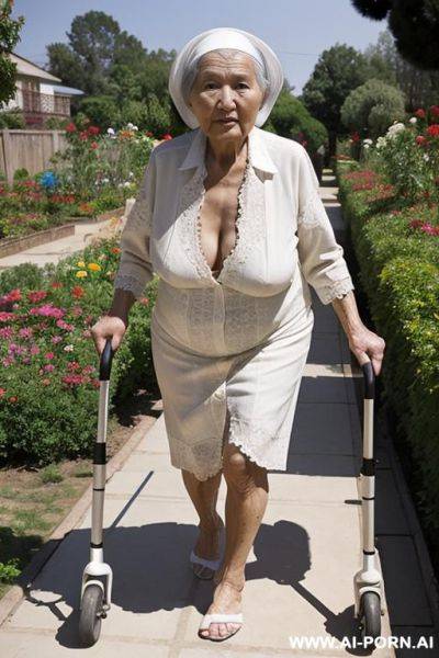 The totally naked elderly uzbek woman leans on the walker with both hands, walking slowly and cautiously, looking ahead. saggy boobs. full body frontal wiew. in the nursing home garden. - ai-porn.ai - Uzbekistan on pornintellect.com