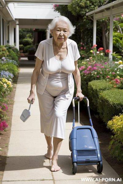 The totally naked elderly woman leans on the walker with both hands, walking slowly and cautiously, looking ahead. saggy boobs. full body frontal wiew. in the nursing home garden. - ai-porn.ai on pornintellect.com
