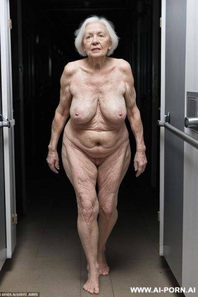 The totally naked elderly woman leans on the walker with both hands, walking slowly and cautiously, looking ahead. saggy boobs. full body frontal wiew. in the morgue. - ai-porn.ai on pornintellect.com