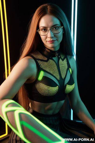 Yellow [and black] horizontal stipes, bee lady, bee clothes, bee cosplay, dimples, computer whizz, neon, cyberpunk, (glow art, uv reactive, black light), ashen natural skin without makeup, high - ai-porn.ai on pornintellect.com