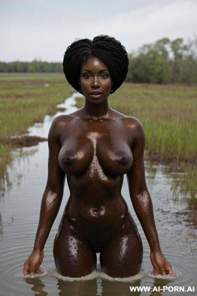 An 1 black women saggy tits, athletic body totally naked wide open legs with her arma rised and fully exded , short black afro hair style, standing up, wet body she is having a bath - ai-porn.ai - Ireland on pornintellect.com
