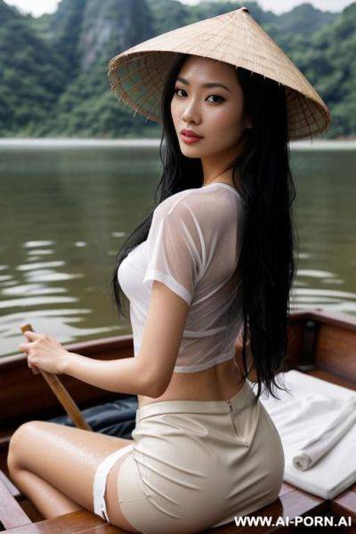 Vietnamese woman, naked, sitting, looking back, showing ass, long black hair, wet messy hair, wearing bamboo hat, on a wooden boat, foggy rainy weather, at a lake, wearing sheer wet white t-shirt, wearing skirt - ai-porn.ai - Vietnam on pornintellect.com