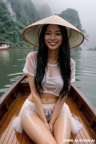 Vietnamese girl, smiling, no makeup, sitting down, naked, lower front view, legs spread wide open, revealing wet pussy, long black hair, wet messy hair, wearing bamboo hat, on a wooden boat, - ai-porn.ai - Vietnam on pornintellect.com