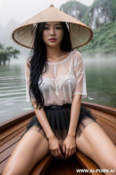 Vietnamese woman, sitting down, legs spread wide open, naked, lower front view, flashing pussy, long black hair, wet messy hair, wearing bamboo hat, on a wooden boat, foggy rainy weather, at a lake, wearing sheer wet white t-shirt, wearing skirt - ai-porn.ai - Vietnam on pornintellect.com