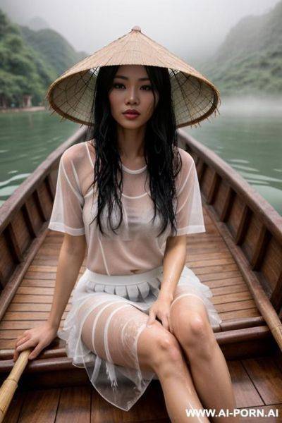 Vietnamese girl, seductive look on her face, sitting down, naked, front view, open legs, showing hairy pussy, dripping wet pussy, long black hair, wet messy hair, wearing bamboo hat, on a - ai-porn.ai - Vietnam on pornintellect.com