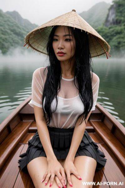 Vietnamese girl, long black hair, wet messy hair, wearing bamboo hat, on a wooden boat, foggy rainy weather, at a lake, wearing sheer wet white t-shirt, wearing skirt, naked underneath skirt, - ai-porn.ai - Vietnam on pornintellect.com