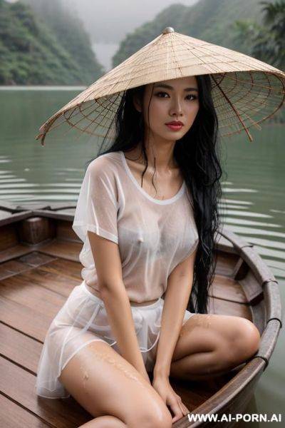 Vietnamese girl, sitting down, long black hair, wet messy hair, wearing bamboo hat, on a wooden boat, foggy rainy weather, at a lake, wearing sheer wet white t-shirt, wearing skirt, naked, front view, open legs, showing hairy pussy, dripping wet pussy - ai-porn.ai - Vietnam on pornintellect.com