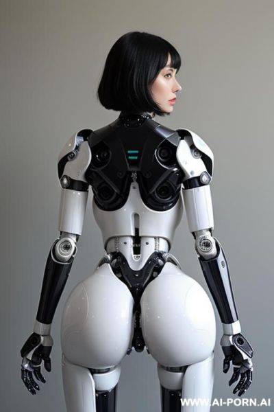 Beautiful wonderful realistic (( taur-women fully robotic body standing four legs with four wheels at the ends)), detaleid face, skin in latex white and skyblue color, covered to latex, - ai-porn.ai on pornintellect.com