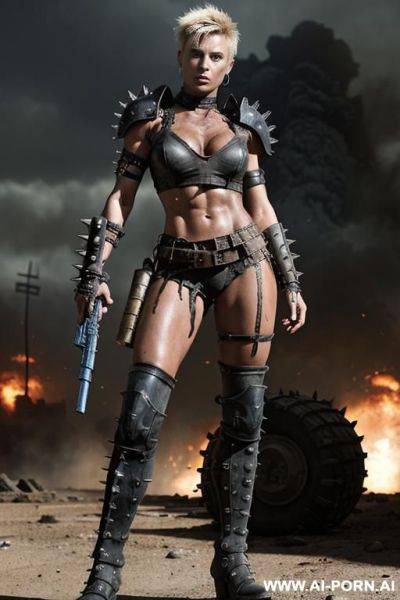 Soldier on a ruined city battlefield. muscular body with toned abs. shorty, spiky punk hair. sweat and grime on body. armoured shoulder pads. armoured legs. fallout raider. mad max. very dark black woman with blue eyes. - ai-porn.ai on pornintellect.com