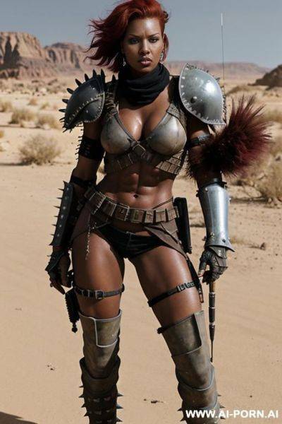Soldier on a desert battlefield. muscular body with toned abs. shorty, spiky punk hair. sweat and grime on body. armoured shoulder pads. armoured legs. holding crossbow in hand. fallout raider. mad max. black woman. - ai-porn.ai on pornintellect.com