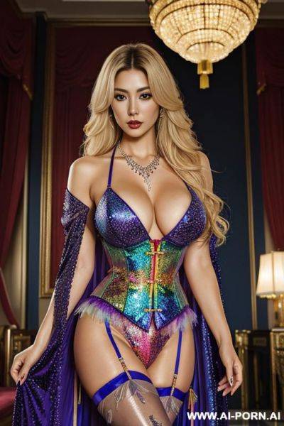 Chinese, rainbow feather studed bright sequin transparent corset，feather tutu skirt， mesh robe， rainbow sequin bra ,rainbow sequing-thong，necklace，rainbow large pointed thigh-high boots，royal lingerie, royal robes，diamond triangle print - ai-porn.ai - China on pornintellect.com