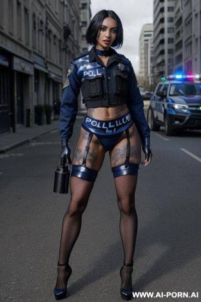 A naked dark-skinned muscular woman with short white hair, sprayed with white liquid in a collar, lies in tears with a lost look in full growth, being watched, black lipstick, toples, the inscription on the face whore, fishnet clothes, k - ai-porn.ai on pornintellect.com