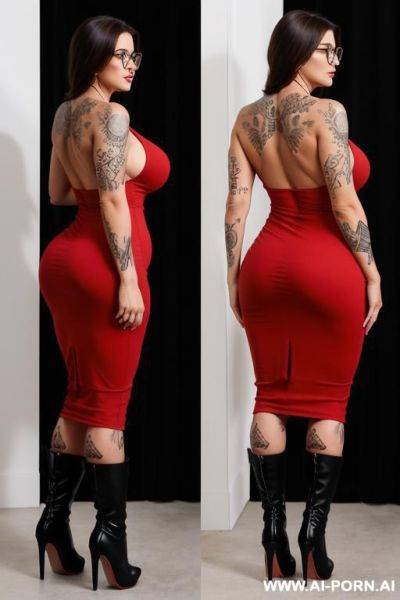 Back view, curvy athletic build, (natural tits), white woman, middle aged, full body, standing, long dark brown hair, thick thighs, wearing a backless dress, (red dress), black heeled boots, bedroom, tattoos, (spine tattoo), black square glasses - ai-porn.ai on pornintellect.com