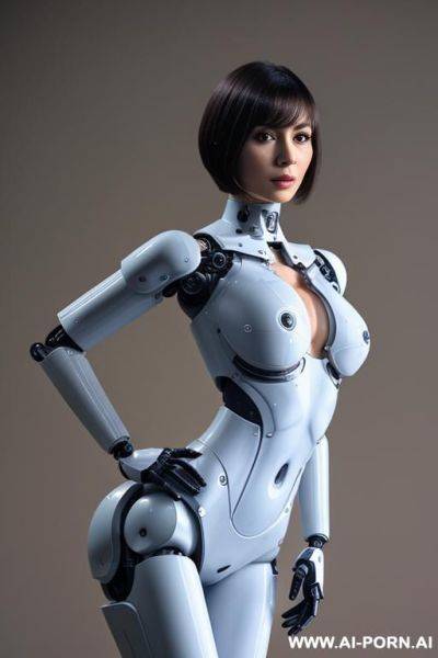 Wonderful beautiful realistic (( taur-women fully robotic body standing four legs)), detaleid face, skin in latex white and skyblue color, covered to latex, to boots, to beautiful robotic hand hd image quality, ((no background)). - ai-porn.ai on pornintellect.com