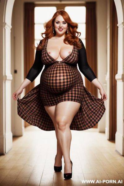 Bbw obese pregnant bloated huge round belly, flash belly naked with plaid brown dress, huge tits - ai-porn.ai on pornintellect.com