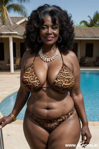 African matured old milf, wrinkles, wrinkled skin, aging marks, saggy old boobs, animal print hooker bikini, long fluffy curly hair, necklace, elries, perfect eyes, waist shot, swimming pool - ai-porn.ai on pornintellect.com