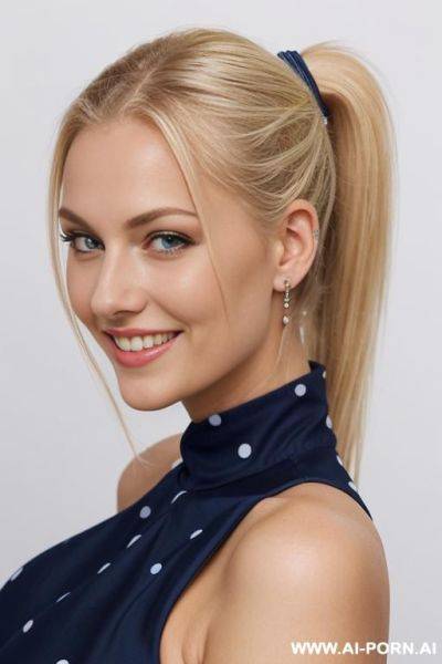 Teacher, with summer dresses navy blue with white dots, 20 years old, blonde hair, smiling, deep blue eyes - ai-porn.ai on pornintellect.com