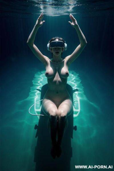 Nude woman, floating underwater, dramatic blue lighting, vr goggles, fog, wires, arms raised, legs spread, from above, bubbles, dark - ai-porn.ai on pornintellect.com