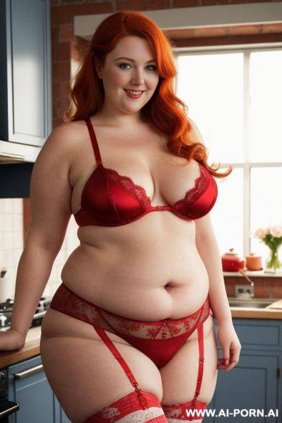 Half-length photo, as a setting in the kitchen area, a fat chubby (very obese with hips) fat thick and bbw redhead british, she is cooking the dinner. she has lovehandless and a soft medium - ai-porn.ai - Britain on pornintellect.com
