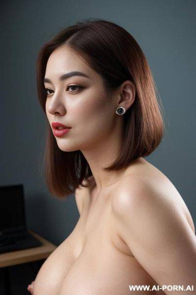 (blue smoke background), real life, pallid skin, curvy, realistic nipple, (view from side), sitting on chair, side of nipple, side of waist, face turned to camera, look look straight into camera, - ai-porn.ai on pornintellect.com