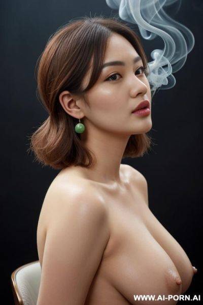(blue smoke background), real life, pallid skin, curvy, realistic nipple, (view from side), sitting on chair, side of nipple, side of waist, turn her head over shoulder and completely facing the - ai-porn.ai on pornintellect.com
